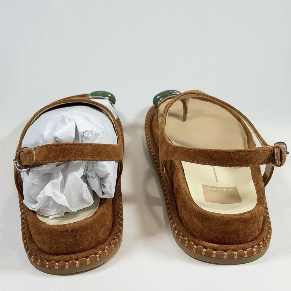 Dolce Vita Brown Suede Toe-Ring Sandals with Green Accents